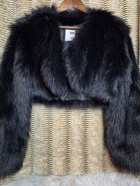 SO Black Faux Fur Cropped Teddy Jacket